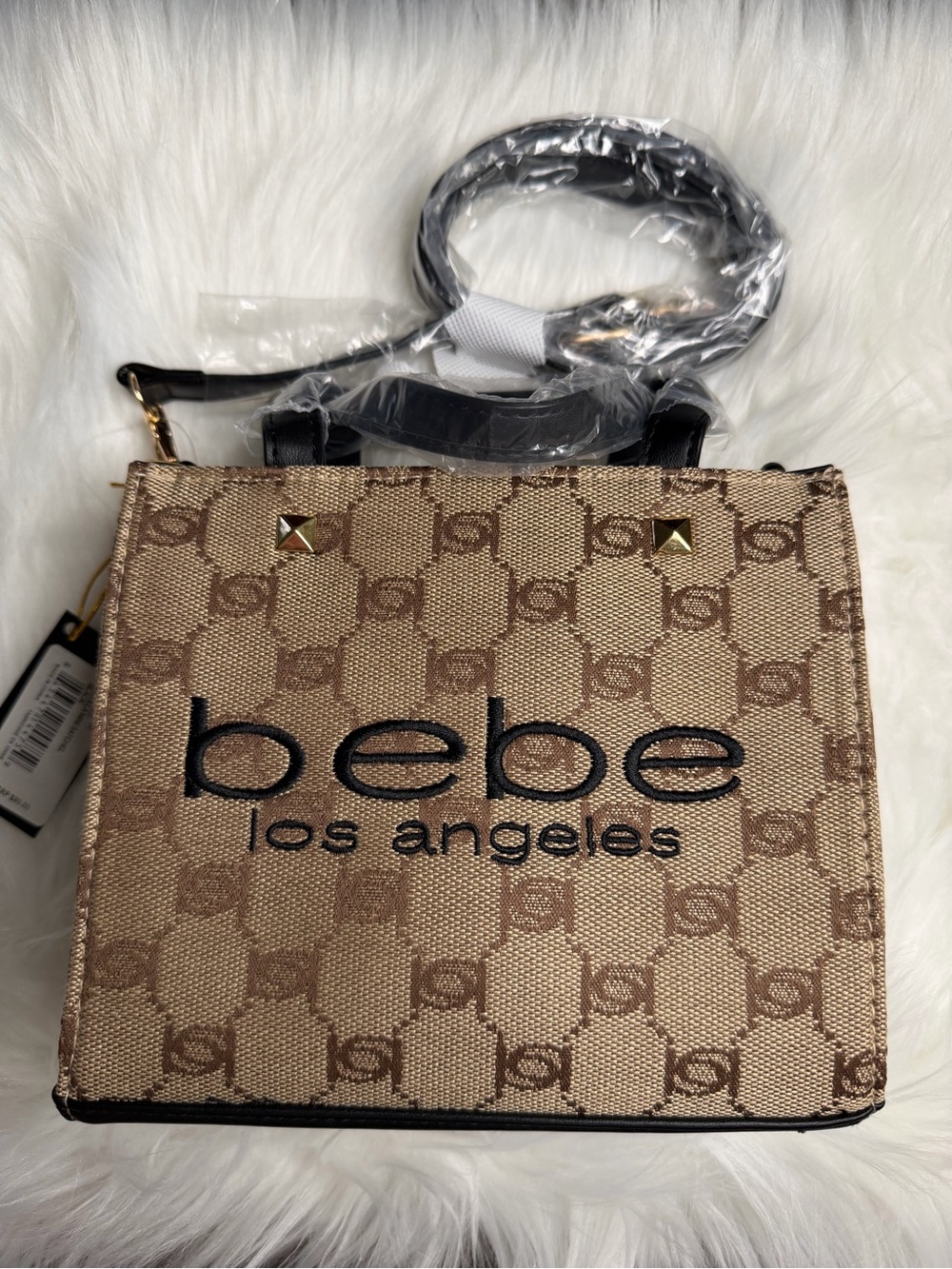 bebe Beige Logo Satchel with Patterned Canvas